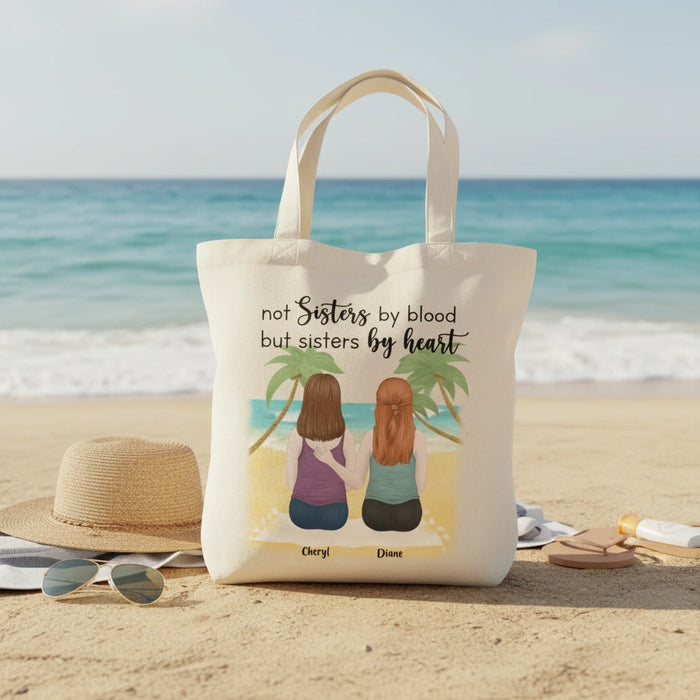 Personalized Best Friend Tote Bag – “Not Sisters by Blood but Sisters by Heart” – Custom Names Canvas Tote – Friendship Gift