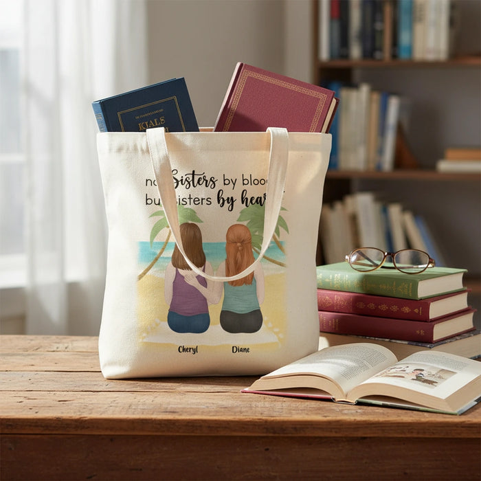 Personalized Best Friend Tote Bag – “Not Sisters by Blood but Sisters by Heart” – Custom Names Canvas Tote – Friendship Gift