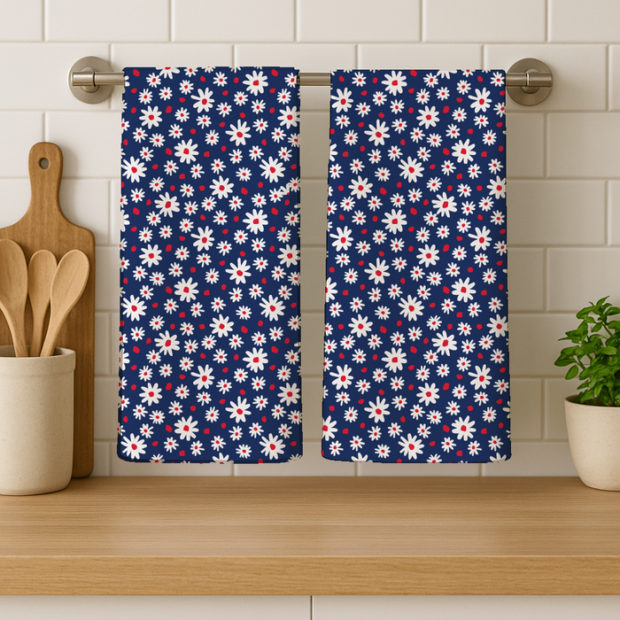 Red White Blue Daisies Cotton Kitchen Towel