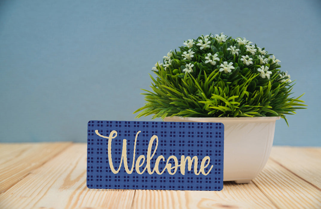 Welcome Navy Plaid Wreath Sign