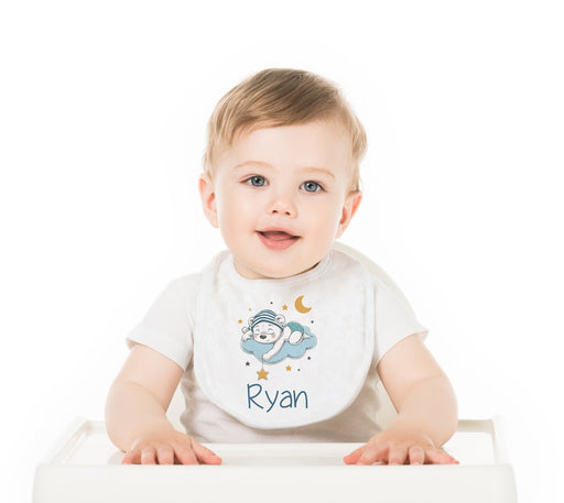 Bear in the Clouds Blue Personalized Baby Bib - Potter's Printing
