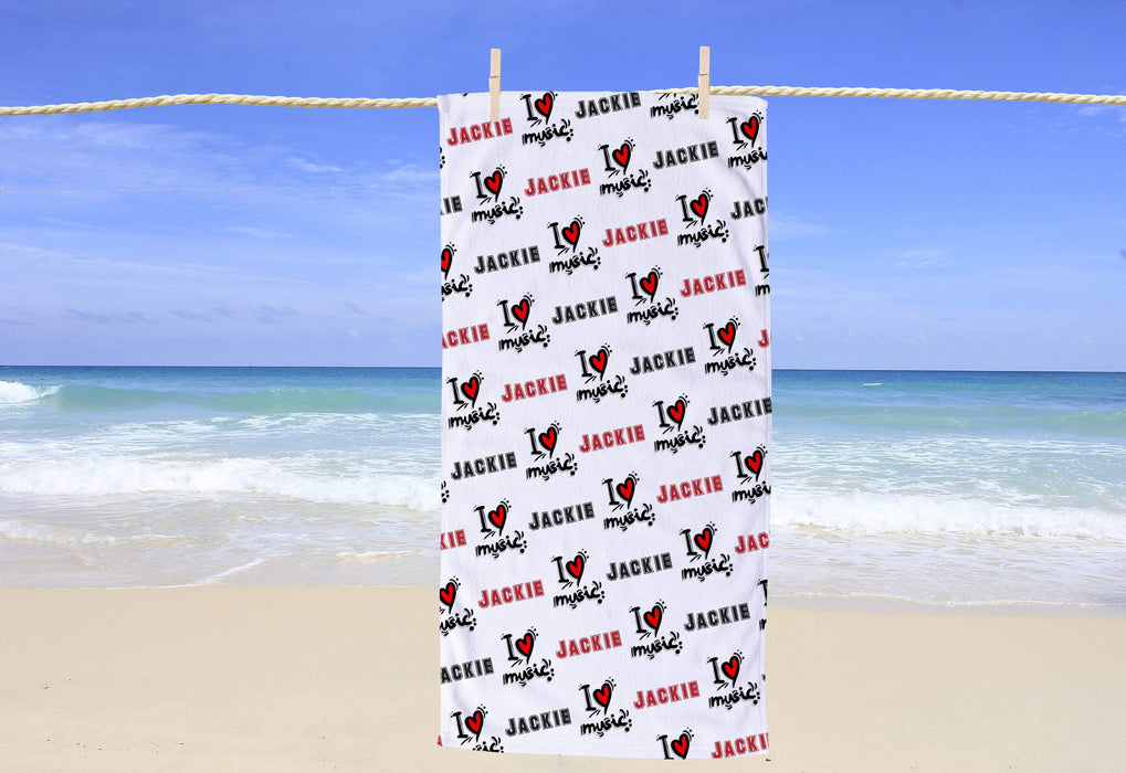 Personalized I Love Music Design Beach Towel
