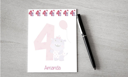 Personalized Hippo 4th Birthday Design Note Pad